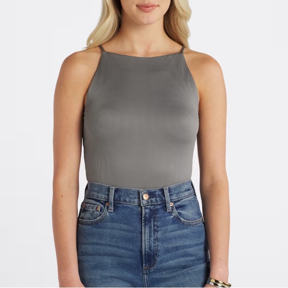 Nine Britton Ribbed High-Neck Crop Tank Top - Gray